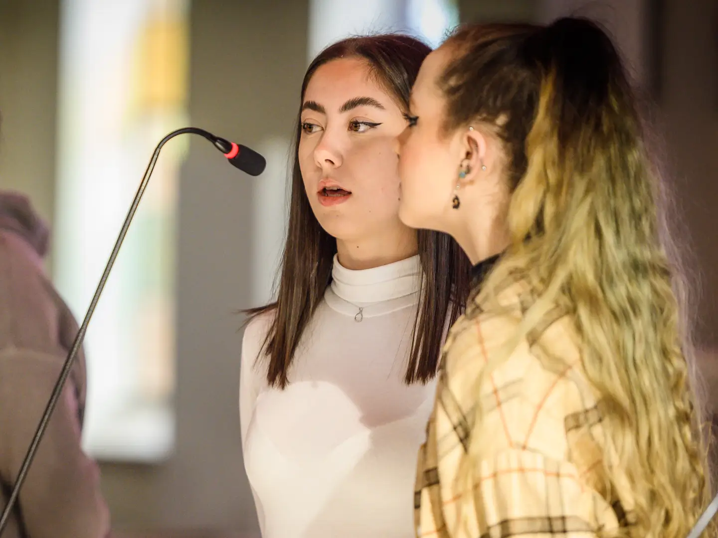 Two girls singing into a mic